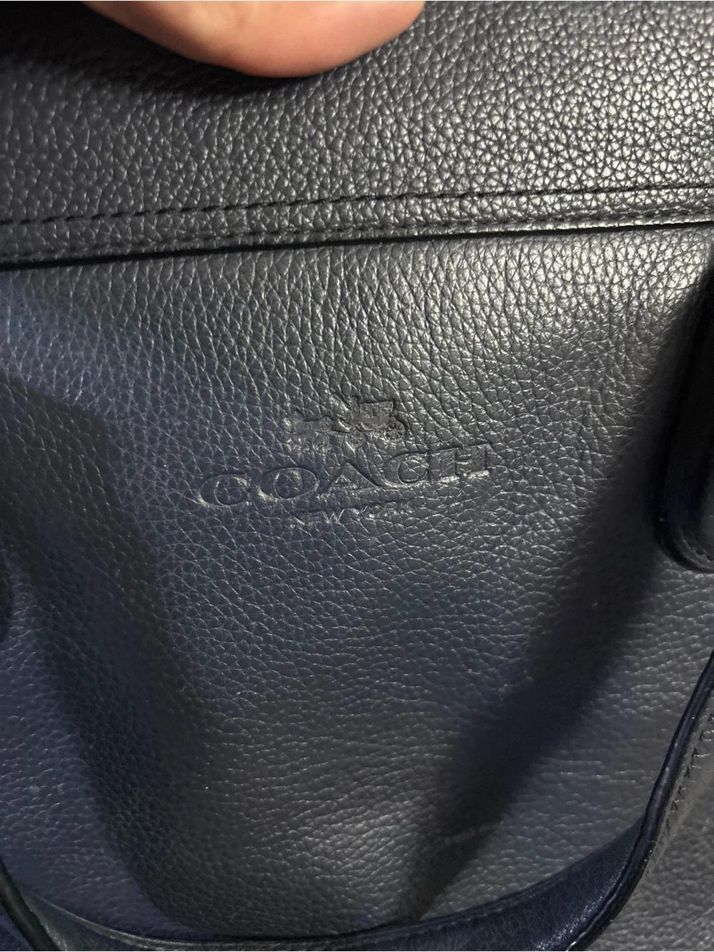 Coach Smith Navy Pebble Leather Briefcase with Detachable Strap.